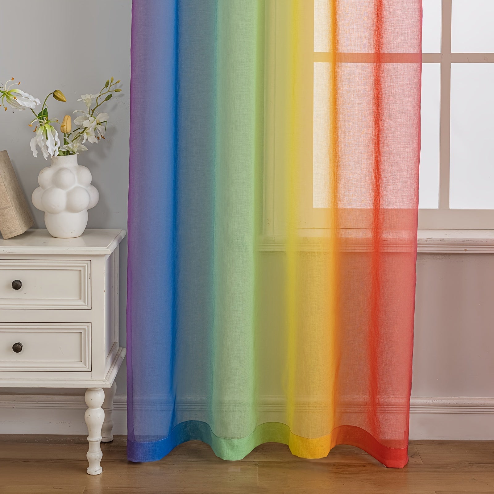 Set of 2 Rainbow Stripe Sheer Curtains 100% Polyester Rod Pocket for Living Room Bedroom Office