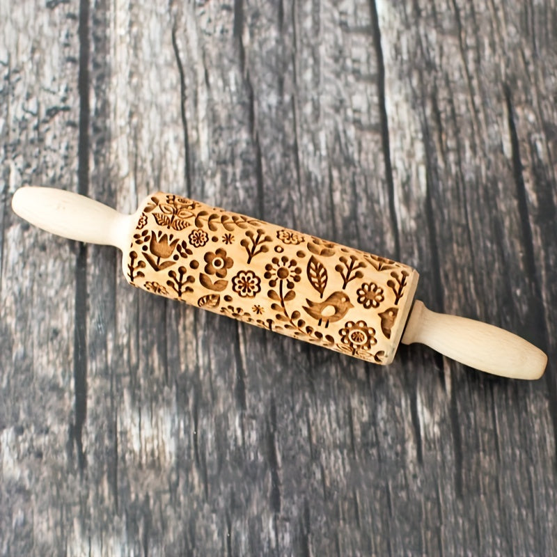 Wooden Rolling Pin with Embossed Patterns for Cookies and Dough