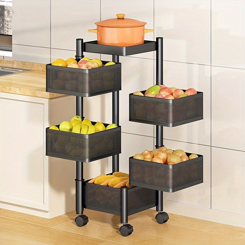 Не требует сборки, металлическая тележка для хранения на колесиках с 4-ярусными открытыми сетчатыми корзинами. Вращающаяся хозяйственная тележка с колесами для кухни, офиса или дома. Не требует электричества или батареек.