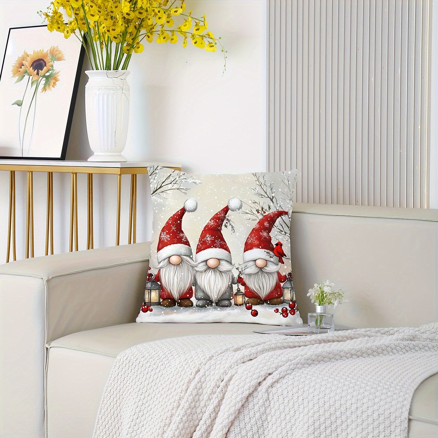 Christmas Gnome Pillowcase Soft Polyester 44.96cm x 44.96cm Snowy Landscape Red Berries Decor