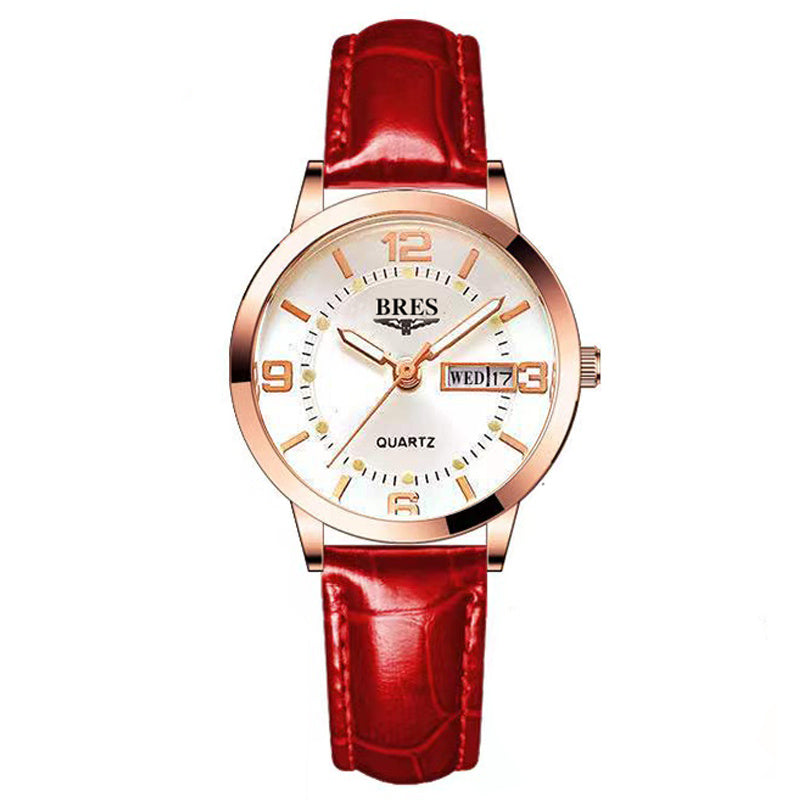 Women's Quartz Watch Leather Strap Dual Calendar Luminous Week Function