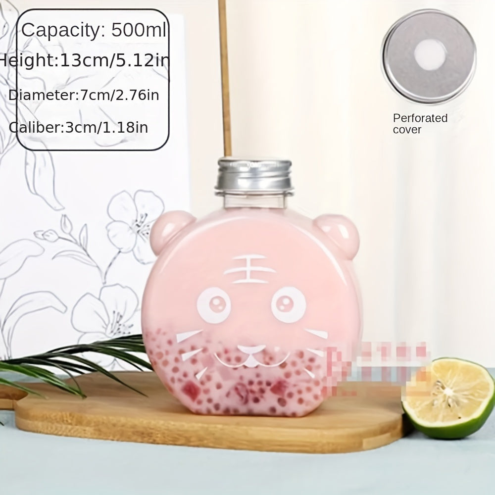 500ml Milk Tea Juice Bottles with Bear and Tiger Designs, Disposable PET Water Bottles with Lids, Pack of 1 or 4