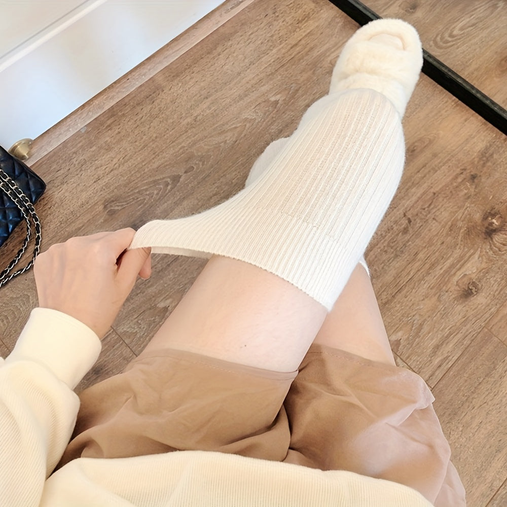 Women Ribbed Thigh High Socks Warm Over-The-Knee Stockings Solid Color