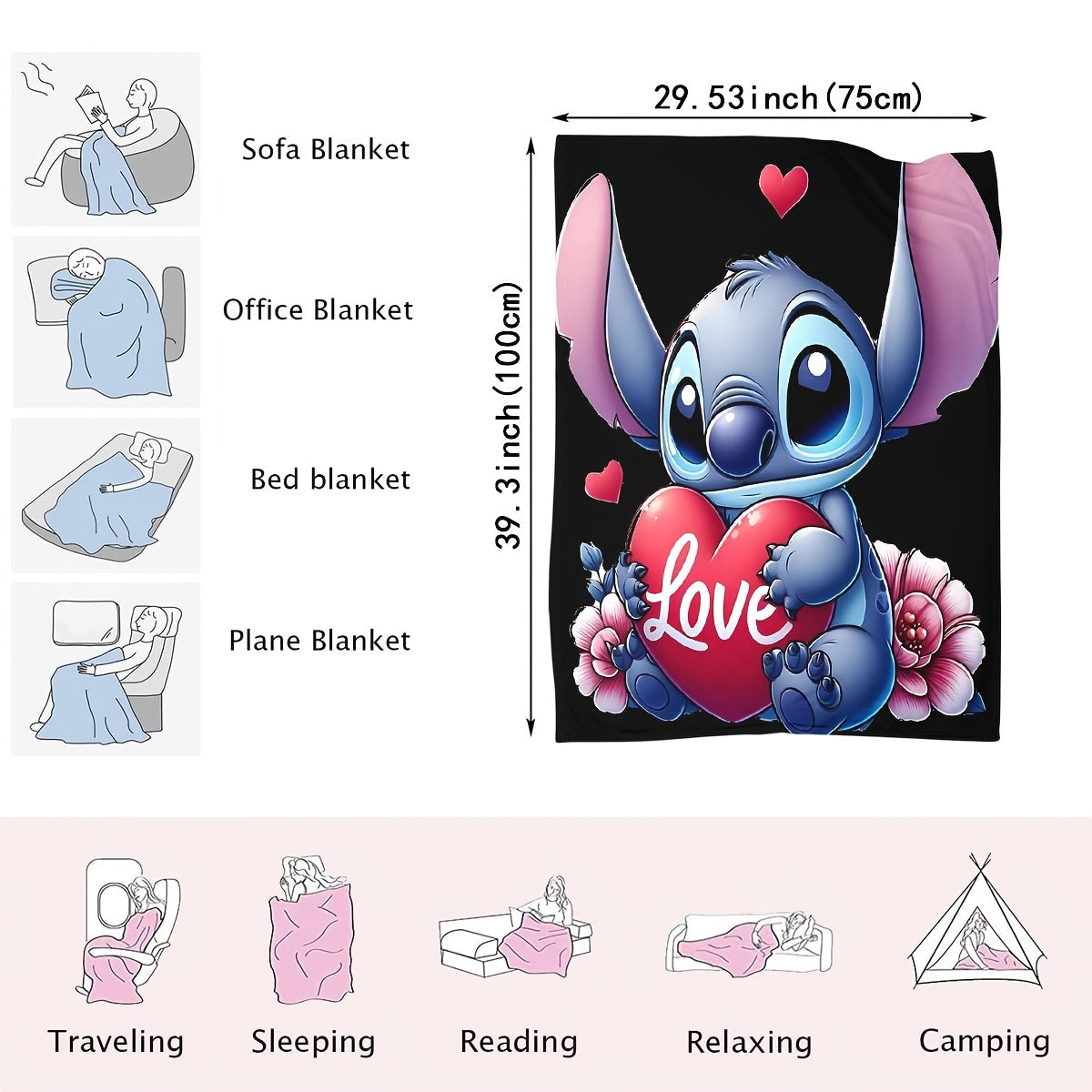 Cute Stitch Cartoon Love Heart Flannel Throw Blanket Soft Fleece All-Season