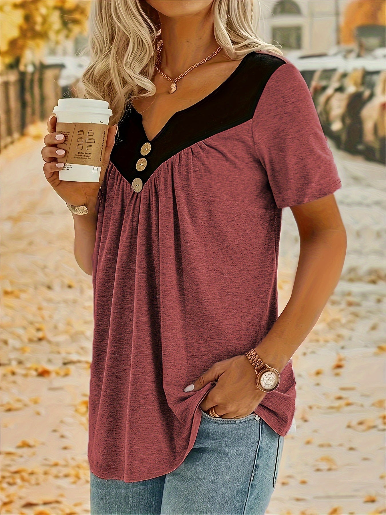 Plus Size Ruched Button Decor Notch Neck Short Sleeve T-Shirt for Women