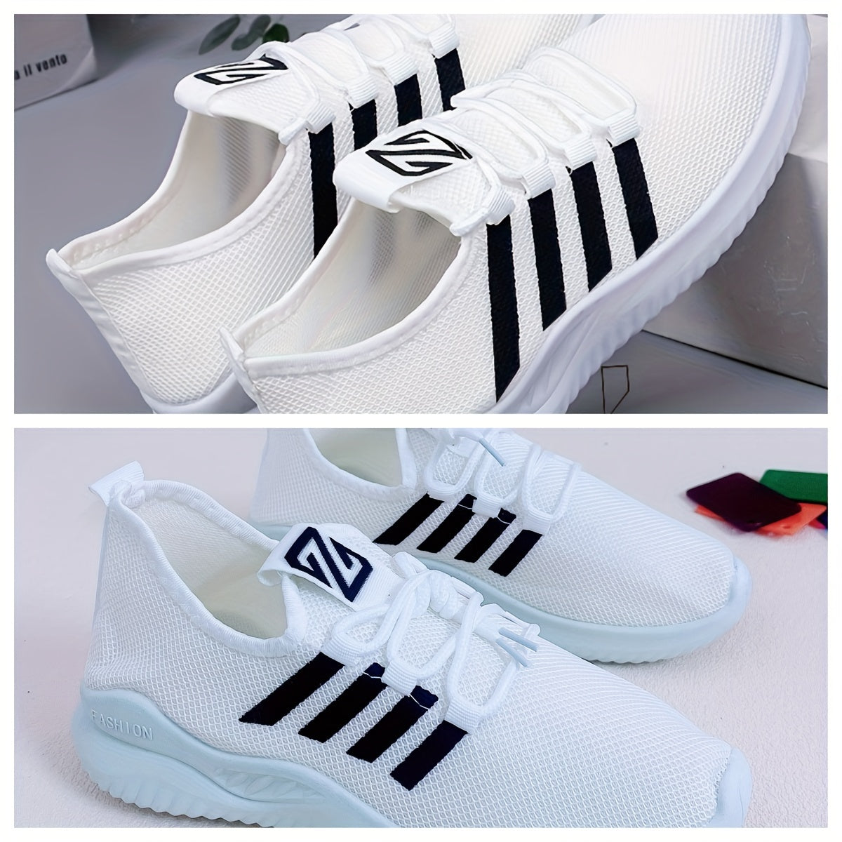 Men's Breathable Striped Mesh Running Shoes Non-Slip Lace-Up Sneakers for Outdoor Activities