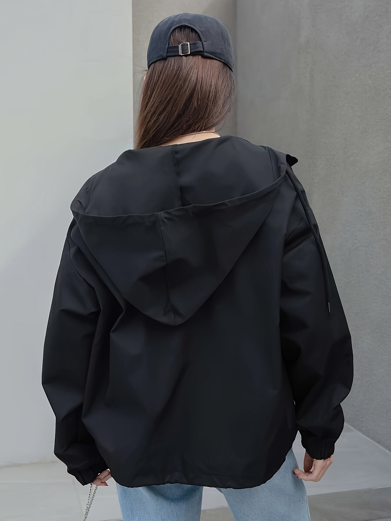 Hooded Drop Shoulder Drawstring Jacket for Women Polyester Casual Spring Fall