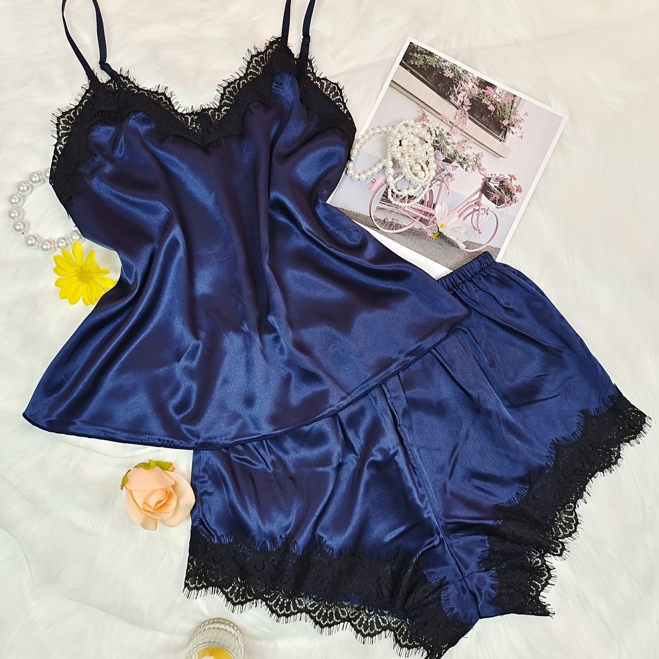 Women's Sexy Pajama Set with V-Neck Off-Shoulder Lace Trim Polyester Blend