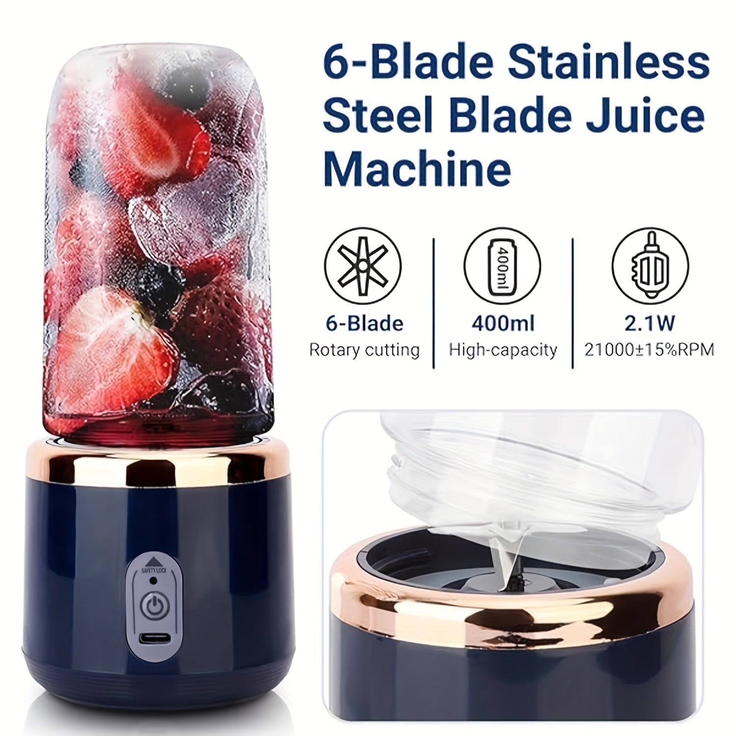 Portable Personal Blender 400ml USB Rechargeable Mini Smoothie Maker with Travel Lid