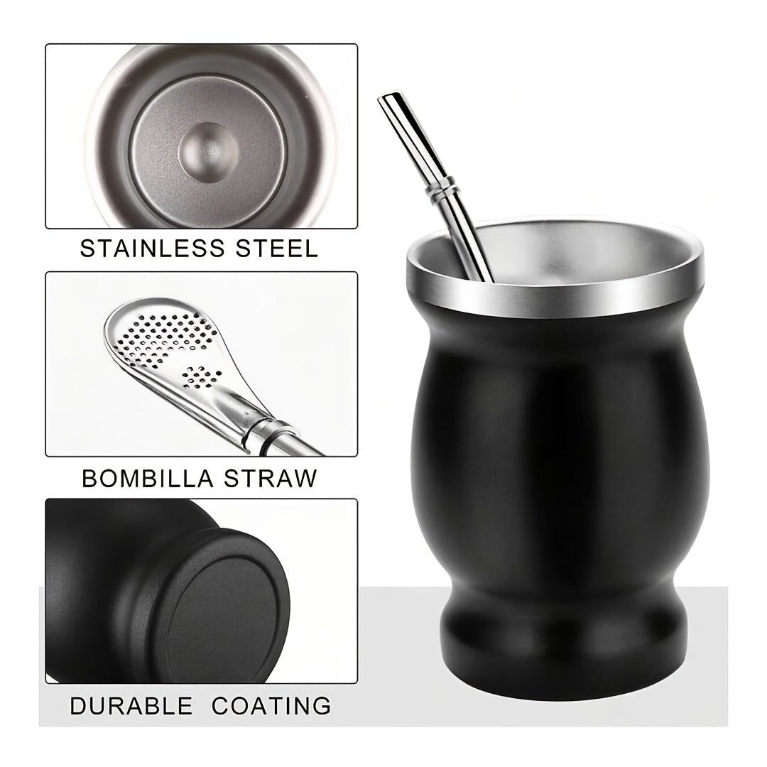 8oz Stainless Steel Yerba Mate Cup Set with Wooden Handle Double Walled Insulation