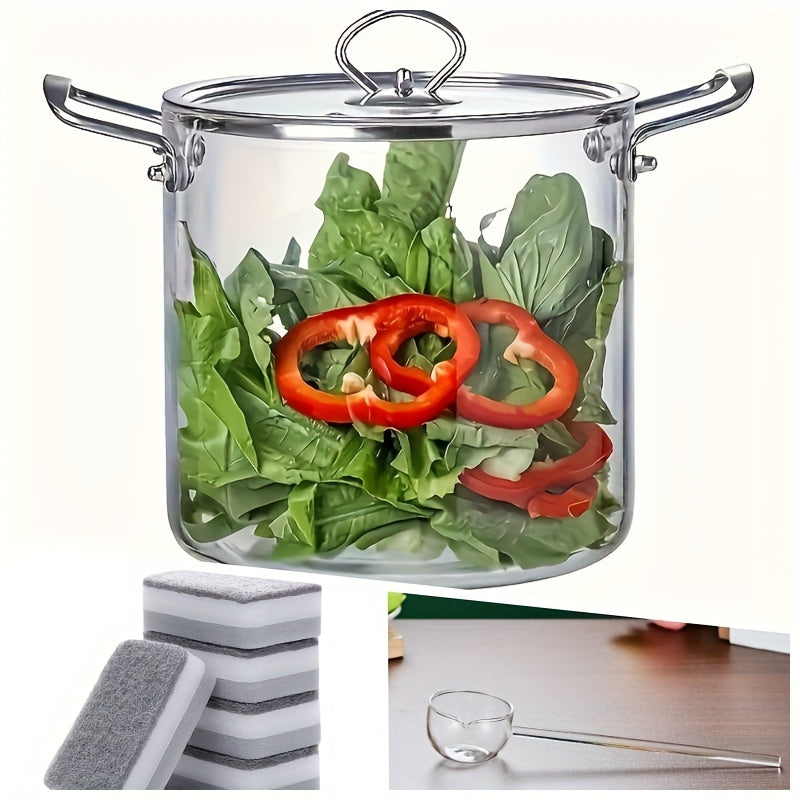 Olla de sopa de vidrio de borosilicato con mangos de acero inoxidable 2.5L-5.5L con set de esponja y paño