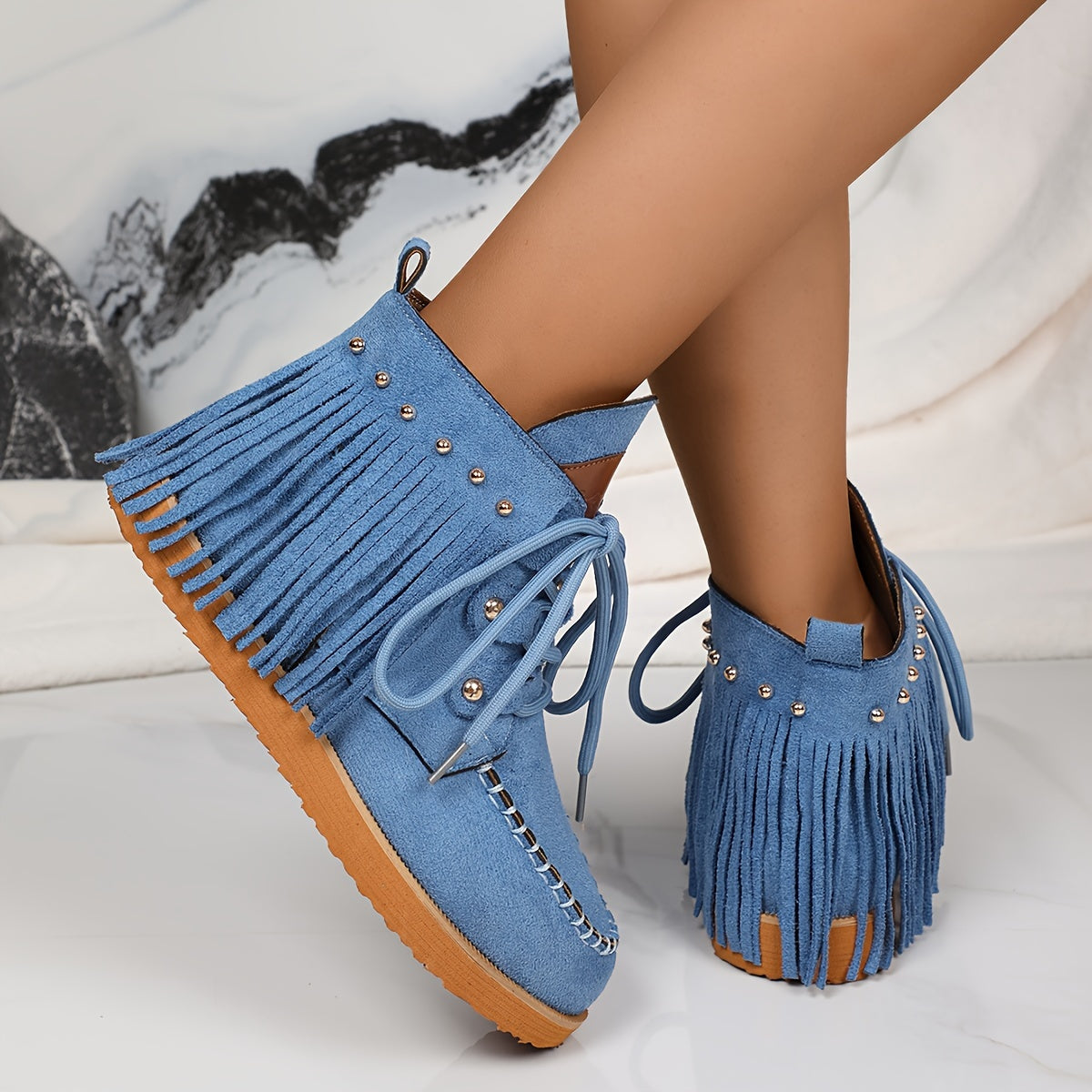 Women's Nubuck Velvet Ankle Boots with Tassel Trim Non-Slip Warm Flats