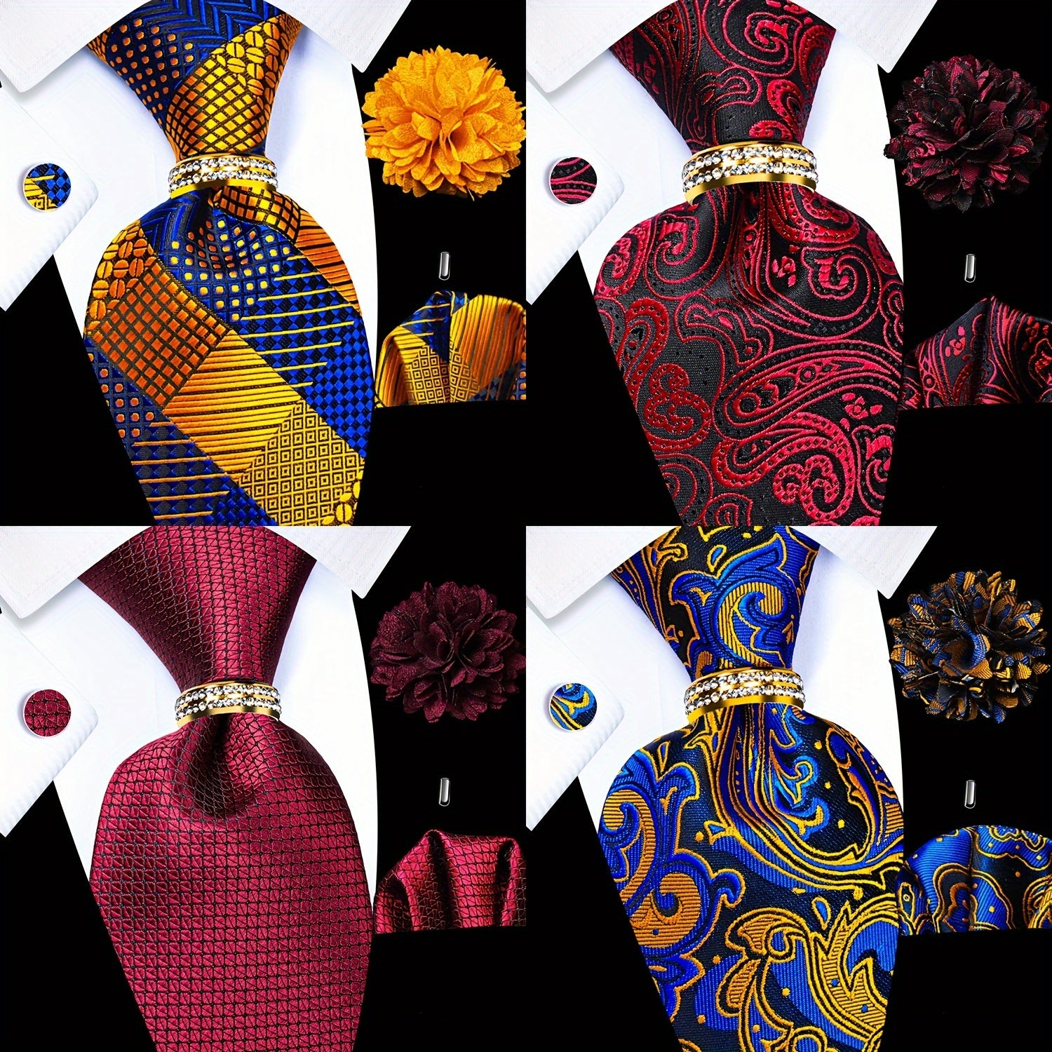 Men's Accessories Set Tie Pocket Square Cufflinks Lapel Pin Tie Ring for Wedding Groom