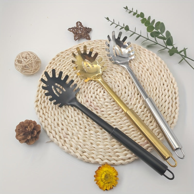 Juego de utensilios de acero inoxidable con espátula y cuchara, negro y dorado, uso profesional