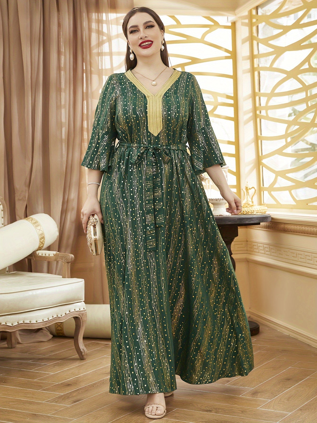 Plus Size Women's V-Neck Dress with Gold Floral Lace Sleeves and Adjustable Waist