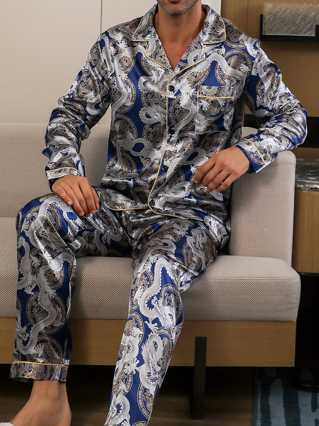 Men's Dragon Totem Print Pajama Set with Pockets Polyester Loose Fit for Spring Summer Fall