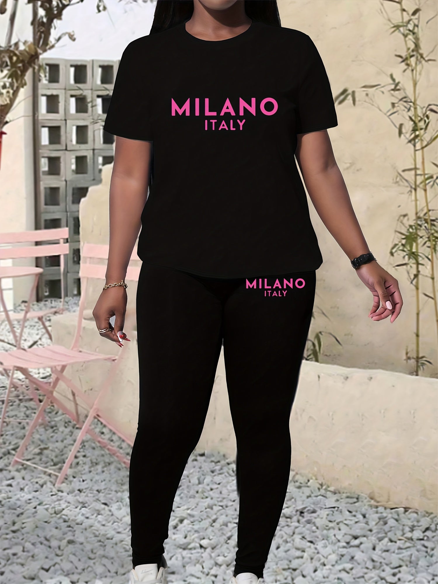 Women's Plus Size Graphic Tee And Leggings Set Polyester Stretch Casual