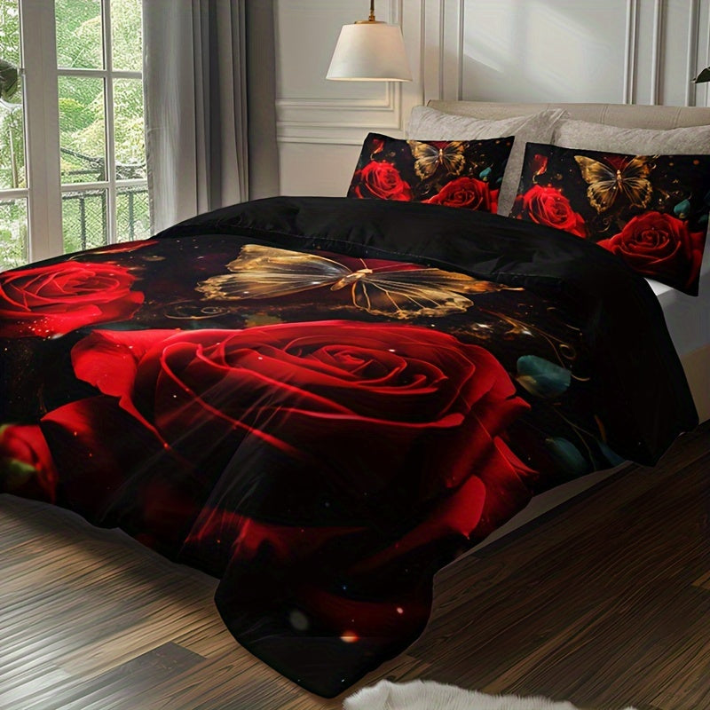 3-Piece Romantic Rose Butterfly 3D Duvet Cover Set with 2 Pillowcases Soft Breathable Polyester Bedding for Home Dorm Decor