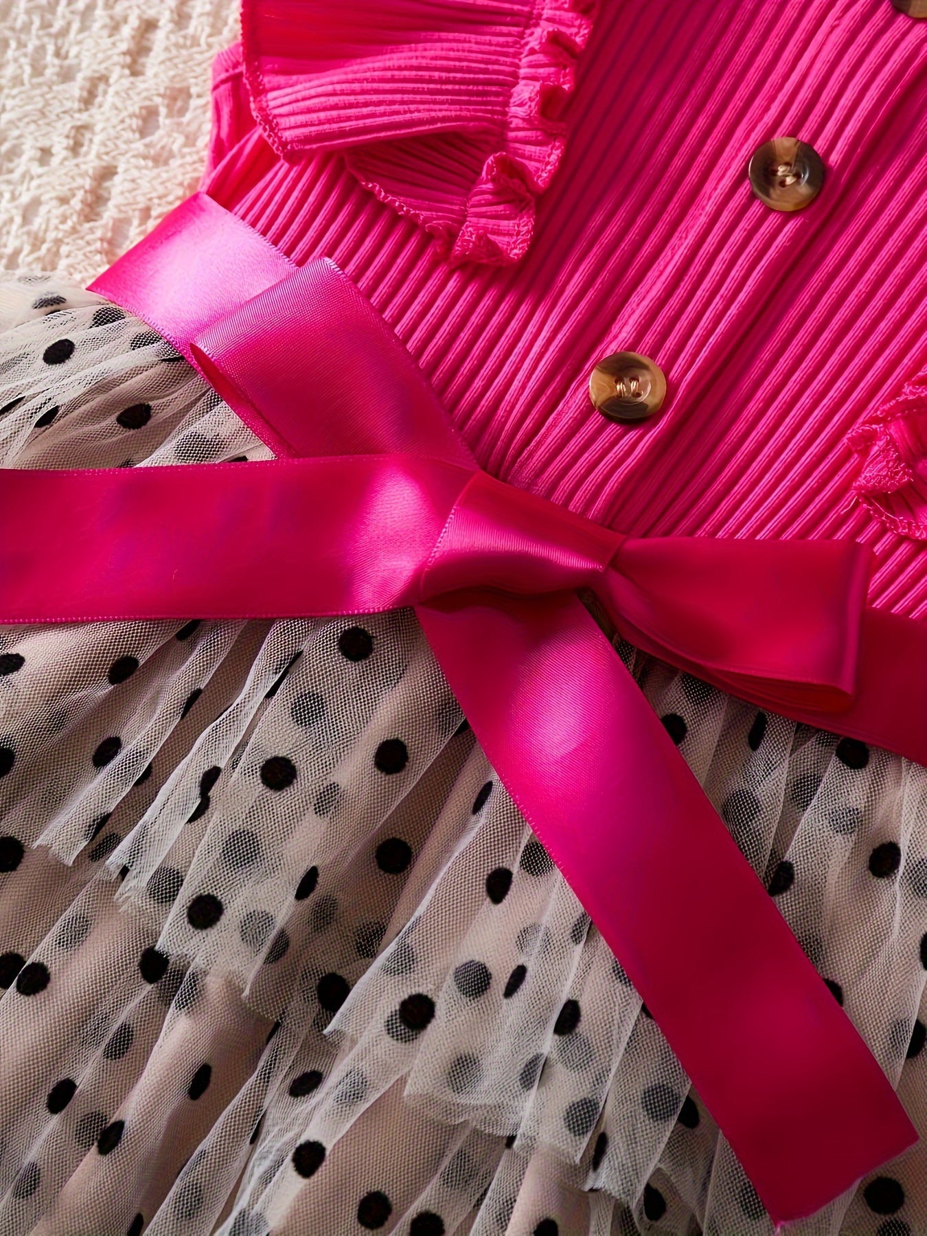 Kids Girls Summer Polka Dot Tulle Princess Dress A-Line Fairy Style Button Accents Non-Stretch Polyester