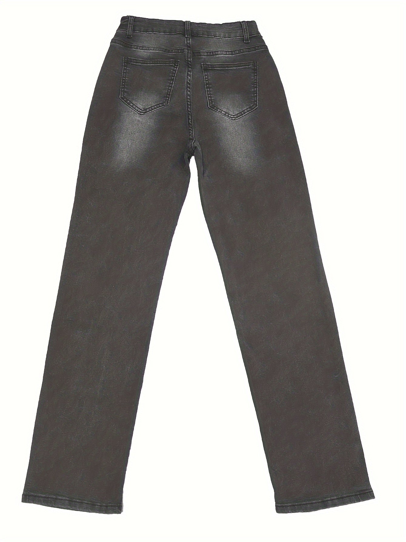 Jeans rectos de mezclilla casual de tiro alto y lavado claro para mujer con bolsillos con abertura