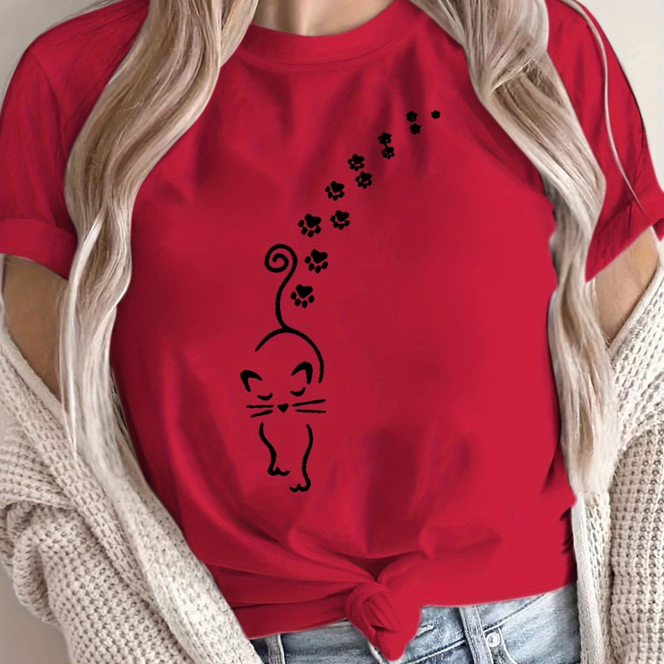 Women's Plus Size Loose Fit Cat Print T-Shirt Breathable Polyester Casual Top