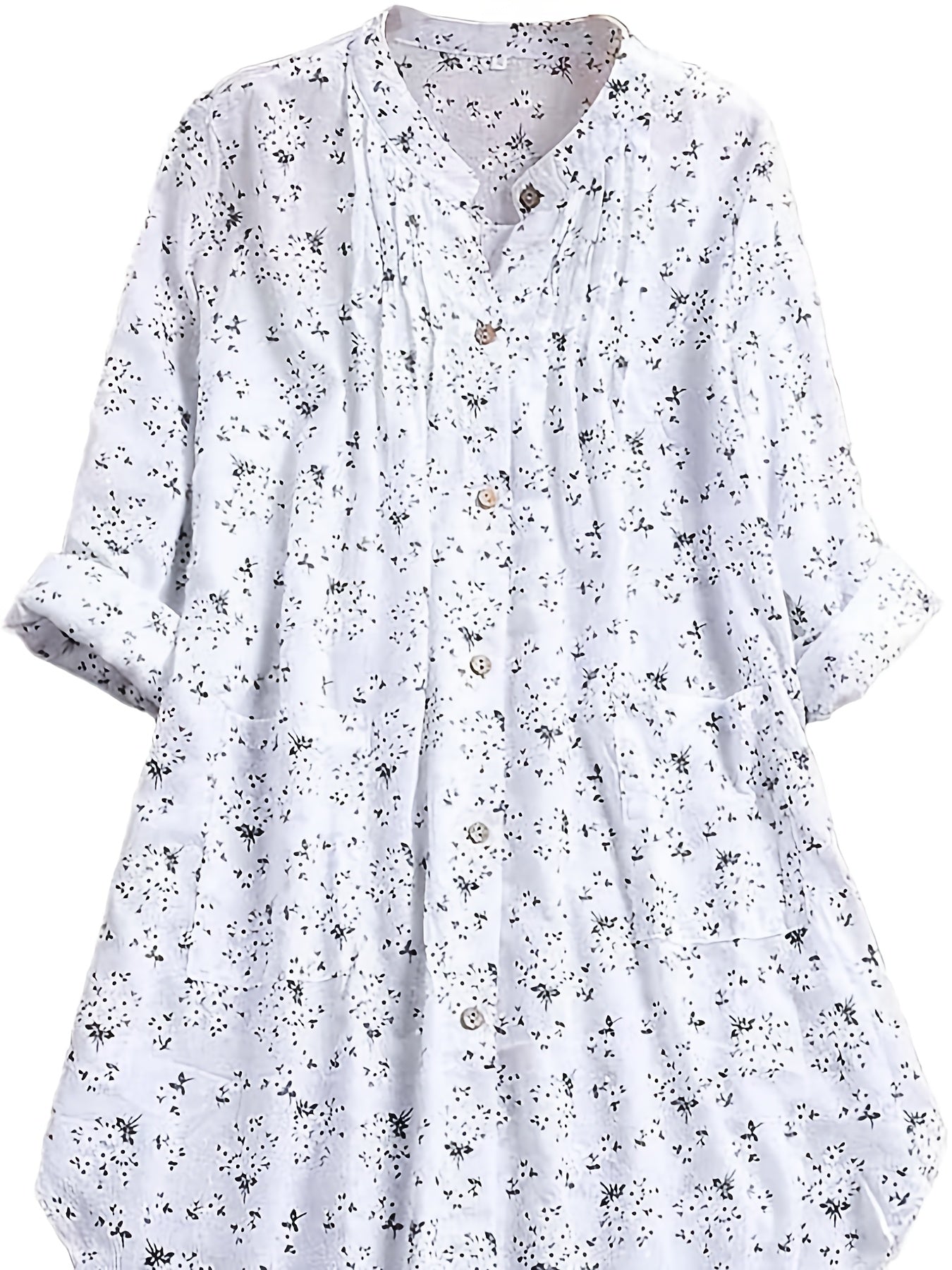 Plus Size Floral Print Blouse Long Sleeve Button-Up Stand Collar Fall Spring