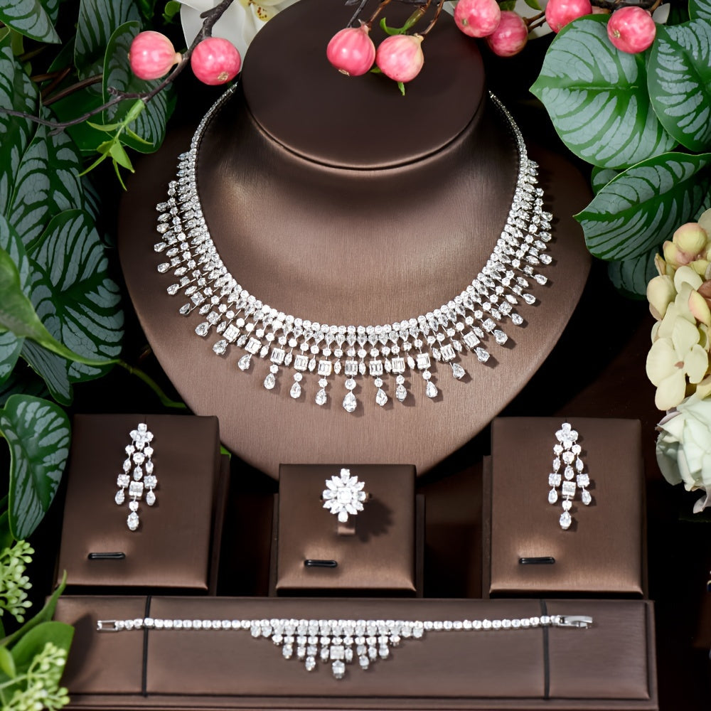 Conjunto de joyería nupcial con adornos de rhinestone: collar, pendientes, pulsera y anillo