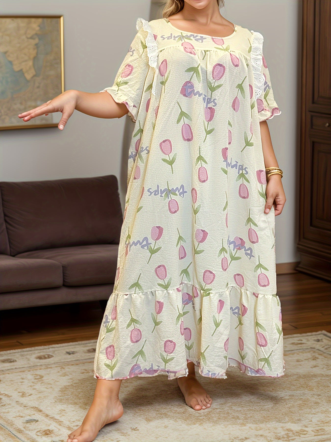 Plus Size Women's Sleep Dress with Tulip Print Bubble Sleeves Ruffle Hem