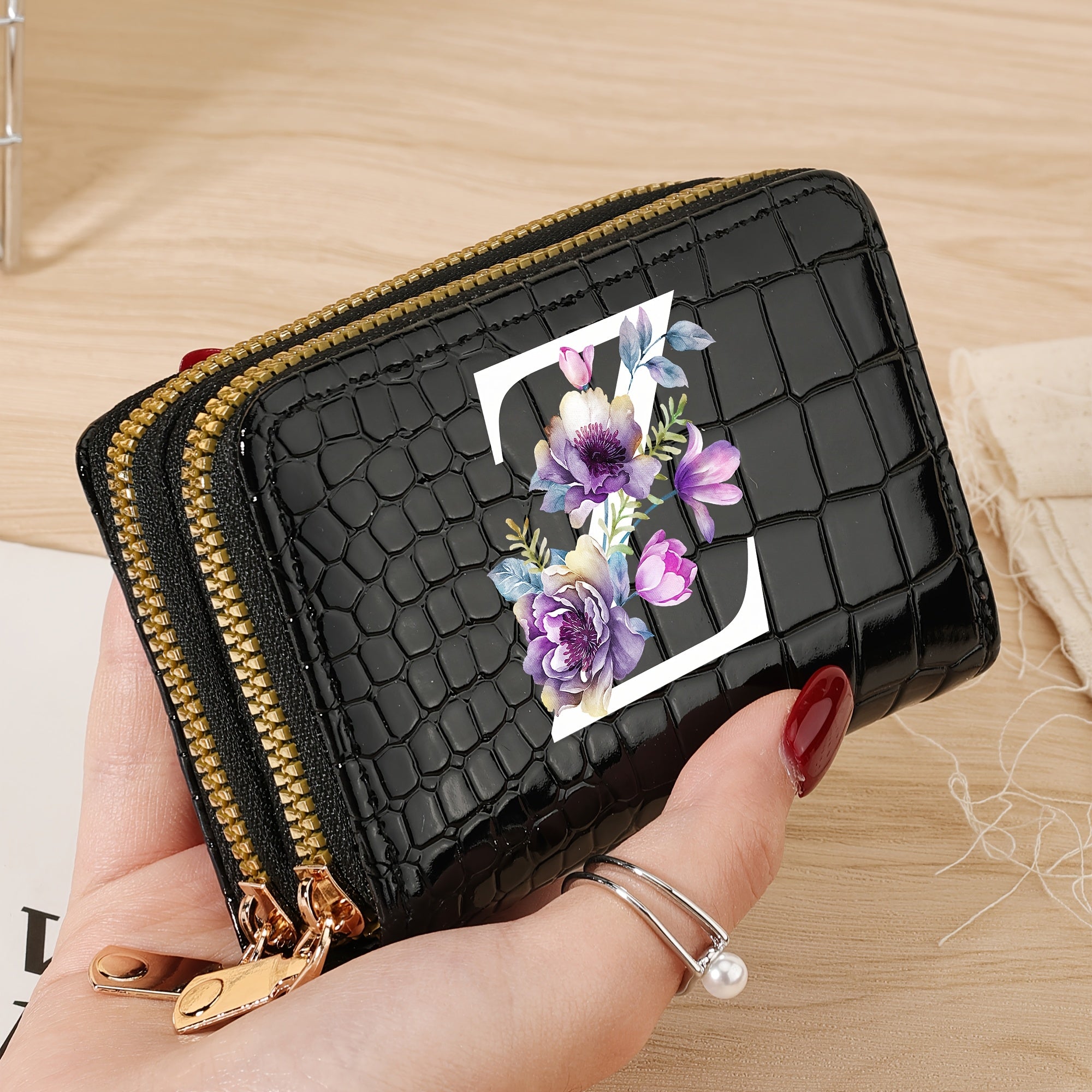 Minimalist Floral Credit Card Holder with Zipper Coin Purse for School and Back-to-School Supplies