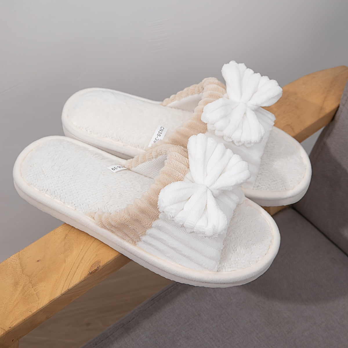 Women's Plush Open Toe Slippers with Bowknot Decor for Indoor Comfort