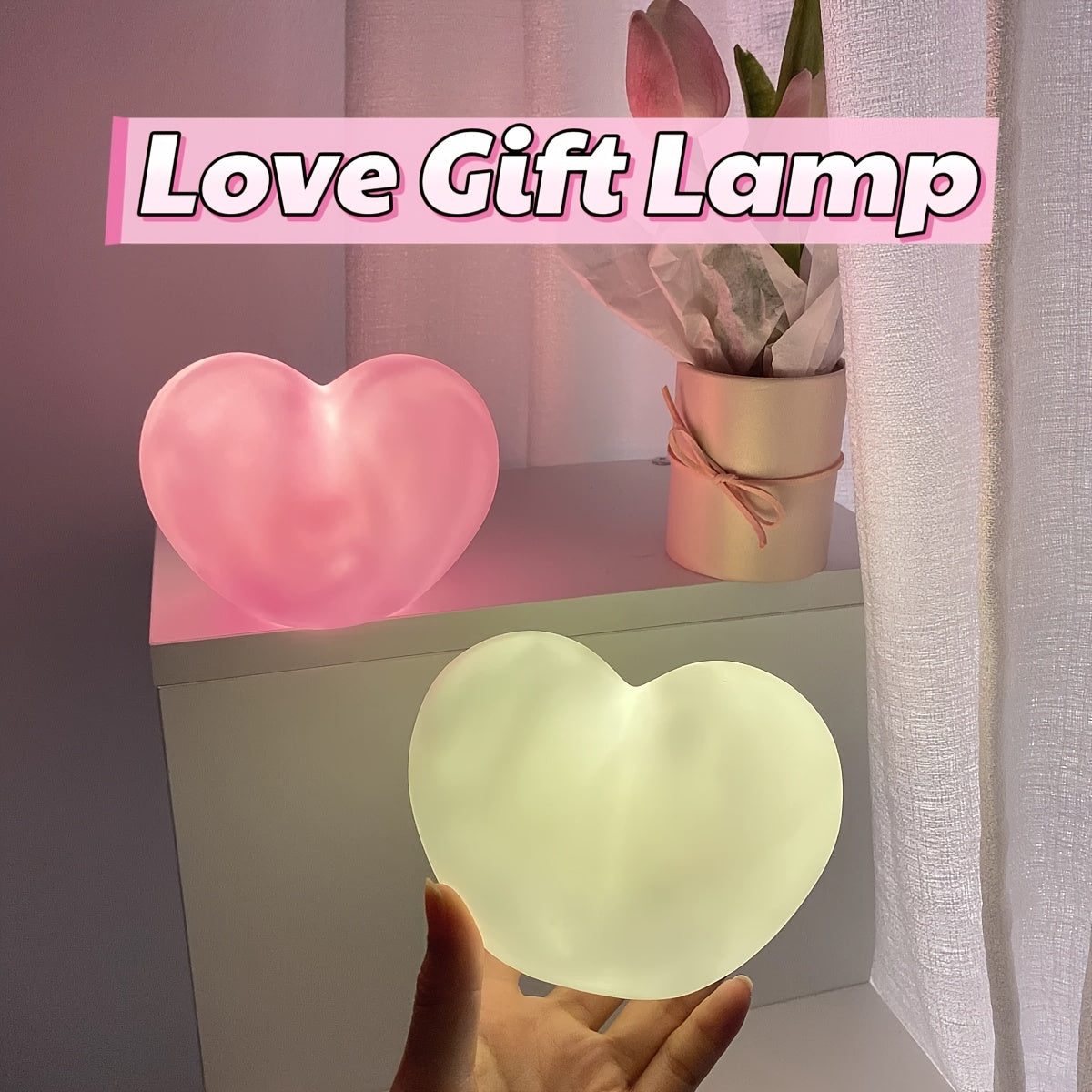Pink Heart Desk Lamp with Toggle Switch Battery Powered for Bedroom and Decor