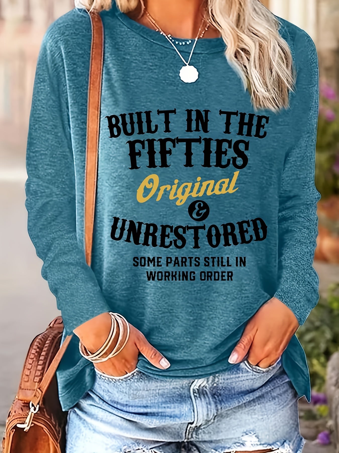 Футболка с длинными рукавами и круглым вырезом для полных женщин, светло-голубой, повседневная, винтажная