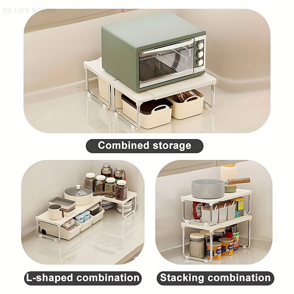 White Expandable Metal and Plastic Kitchen Shelf Stackable Pantry Organizer