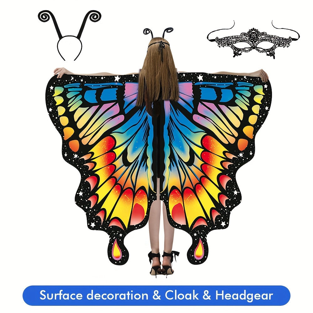Chal de alas de mariposa para mujer, capa de hada, disfraz de Halloween, poliéster vibrante, spandex