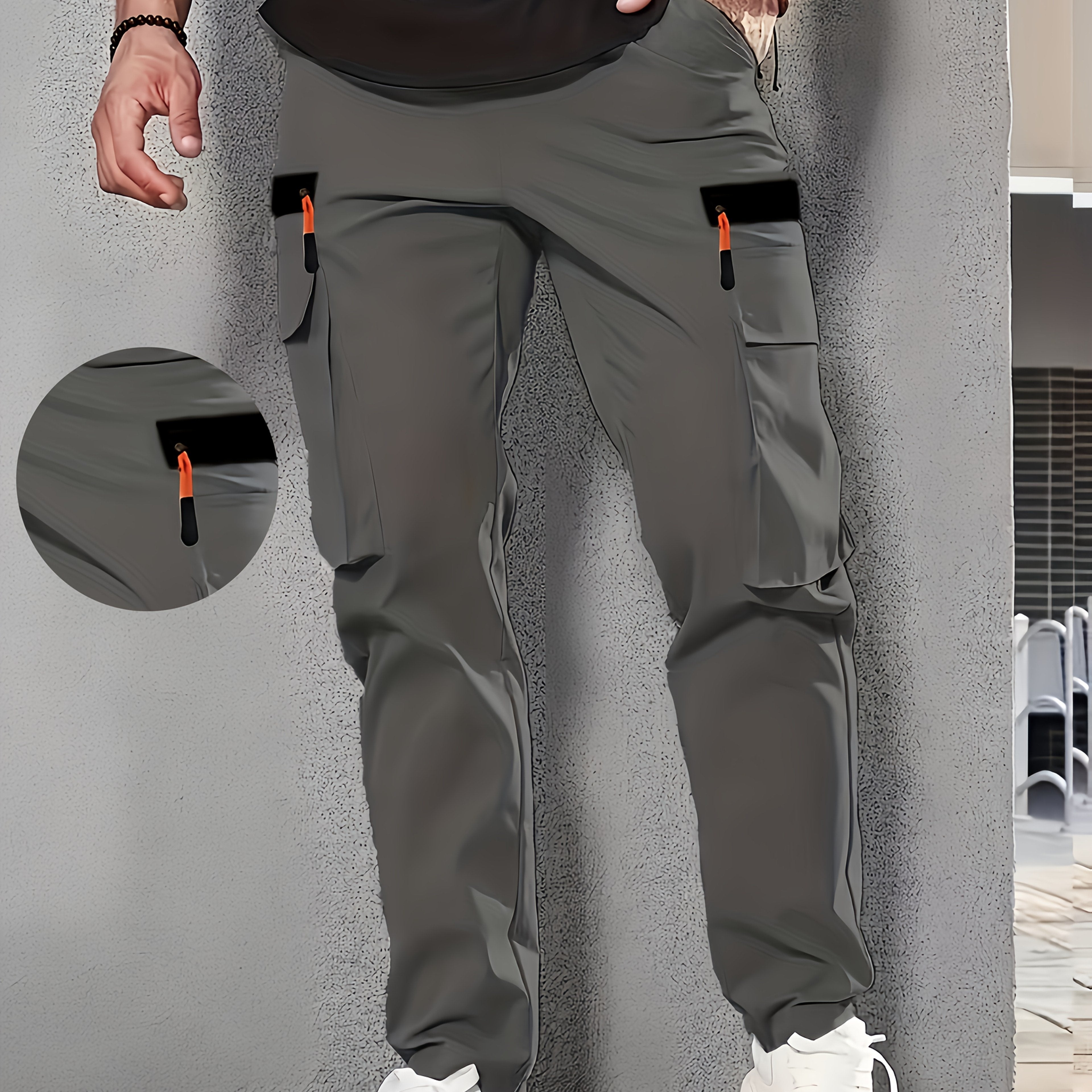 Men's Casual Cargo Pants Polyester Elastic Waist Multi-Pocket Regular Fit for Spring Fall