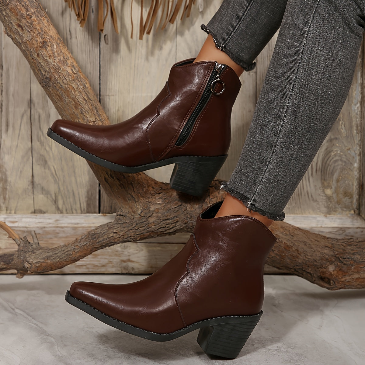 Women's Faux Cover Block Heel Ankle Boots Brown Pointed Toe Non-Slip Rubber Sole