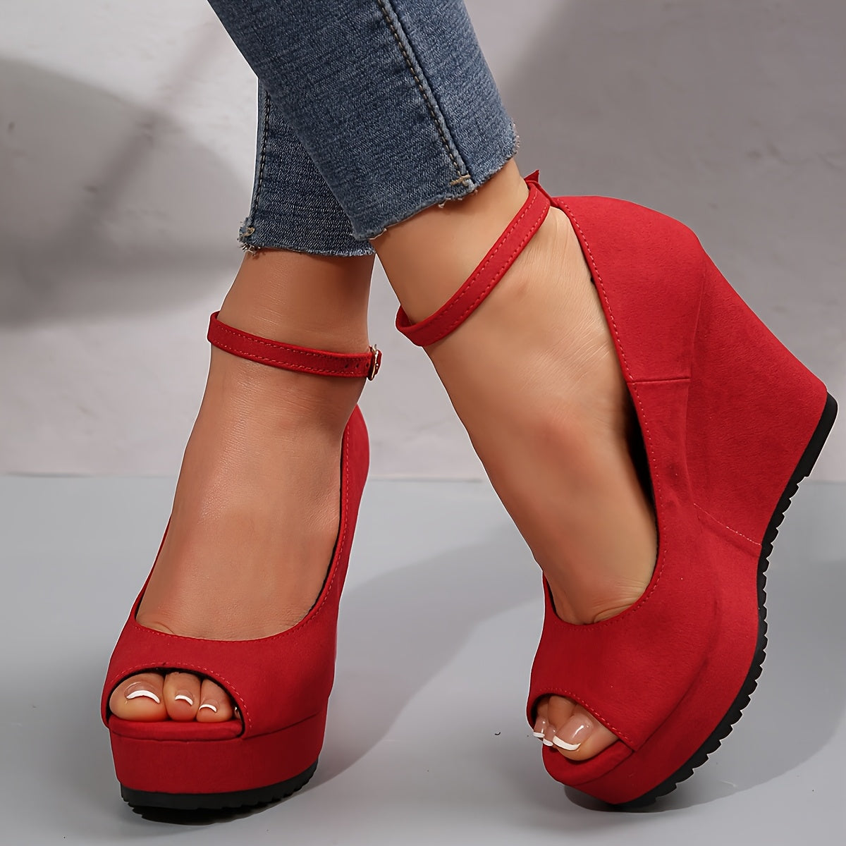 Women's Ankle Strap Platform Heels Open Toe Sandals Black Red Durable Footwear