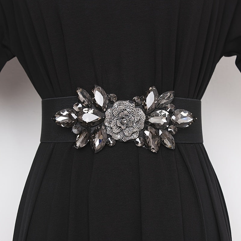 Wide Elastic Belt with Flowers and Beads for Women's Dresses and Decoration