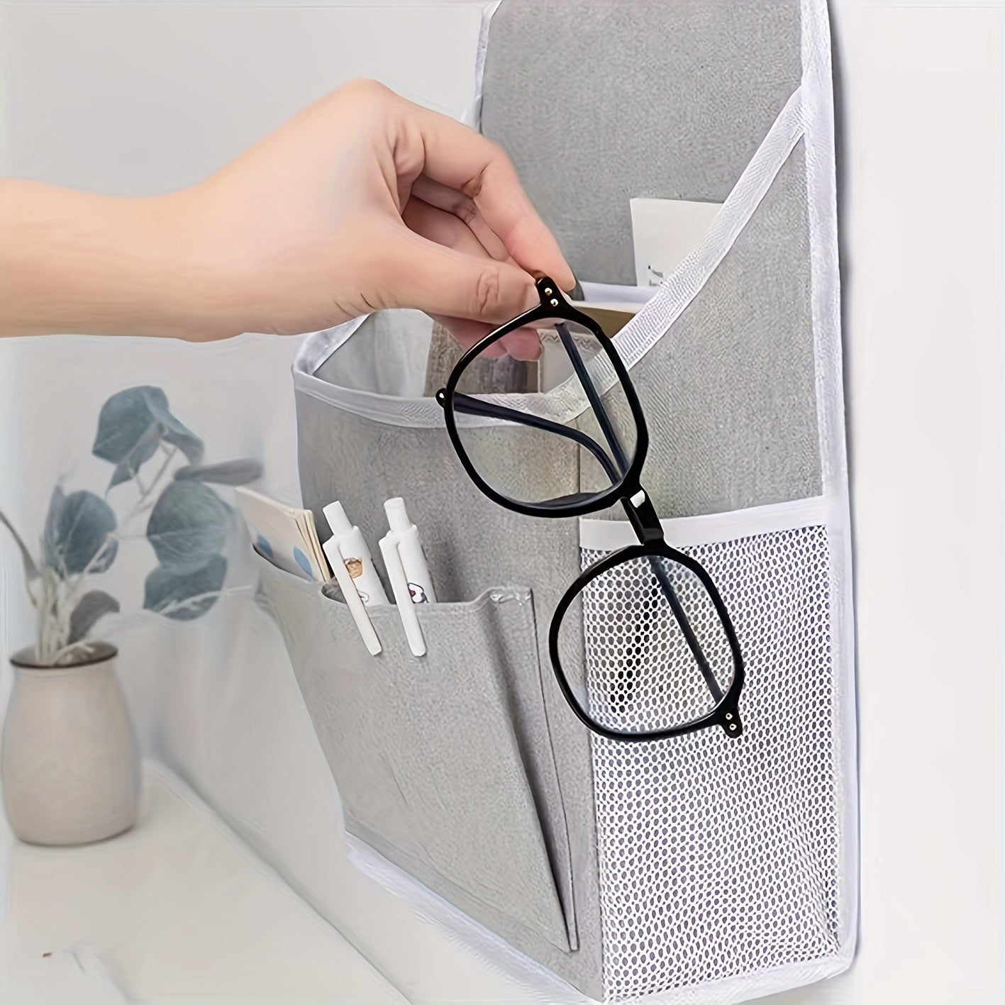Wall-Mounted Storage Organizer with Dual Pockets and Mesh Side Compartment Beige Grey