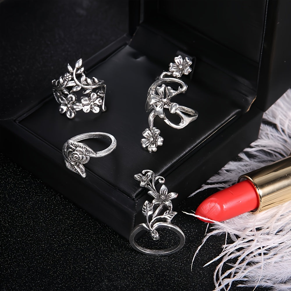 Women's Antique Silver Hollow Pattern Stackable Ring Set Ethnic Style