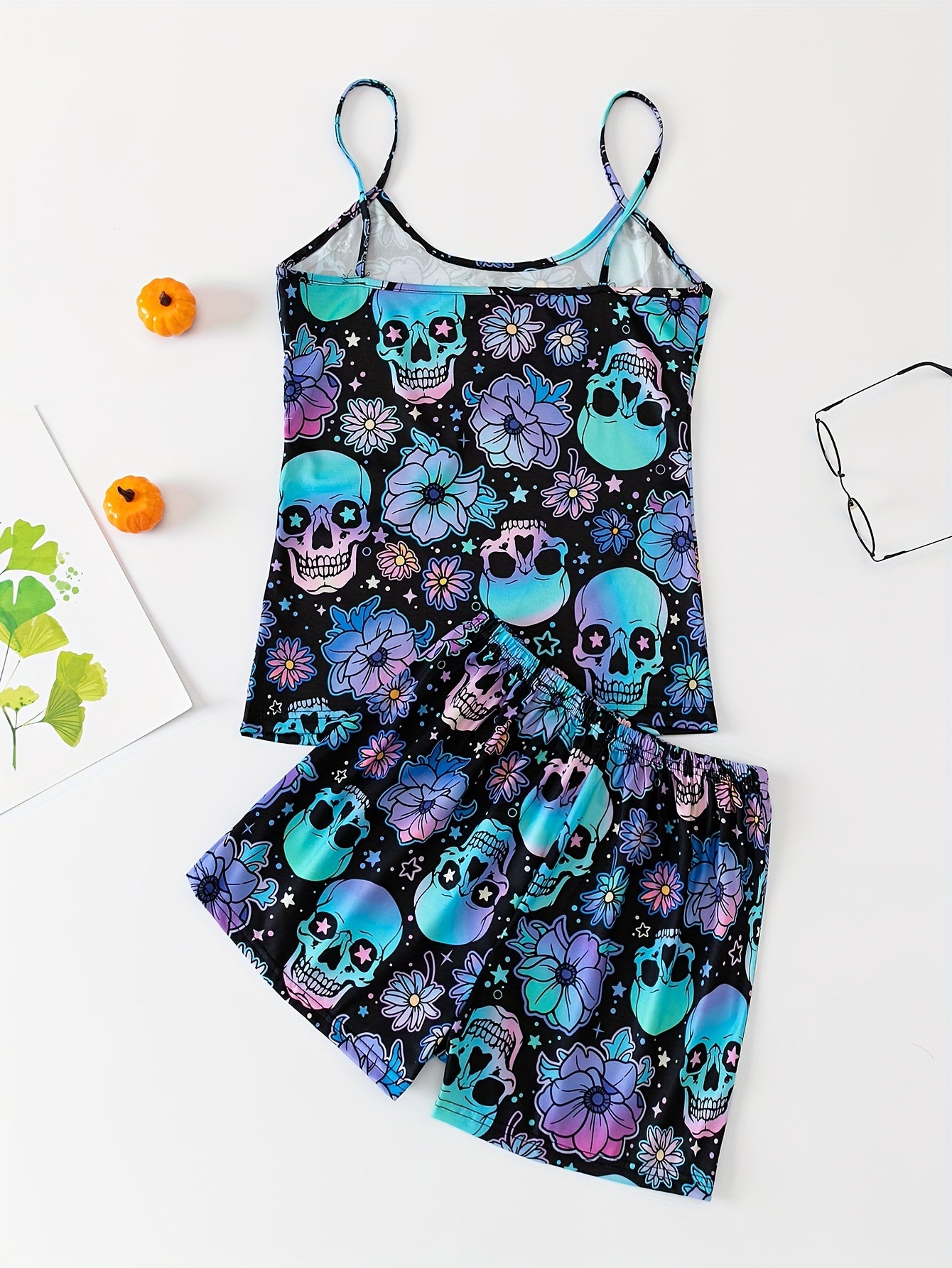 Women's Gothic Sleepwear Pajama Set with Skull and Floral Print Backless Cami Top and Elastic Shorts