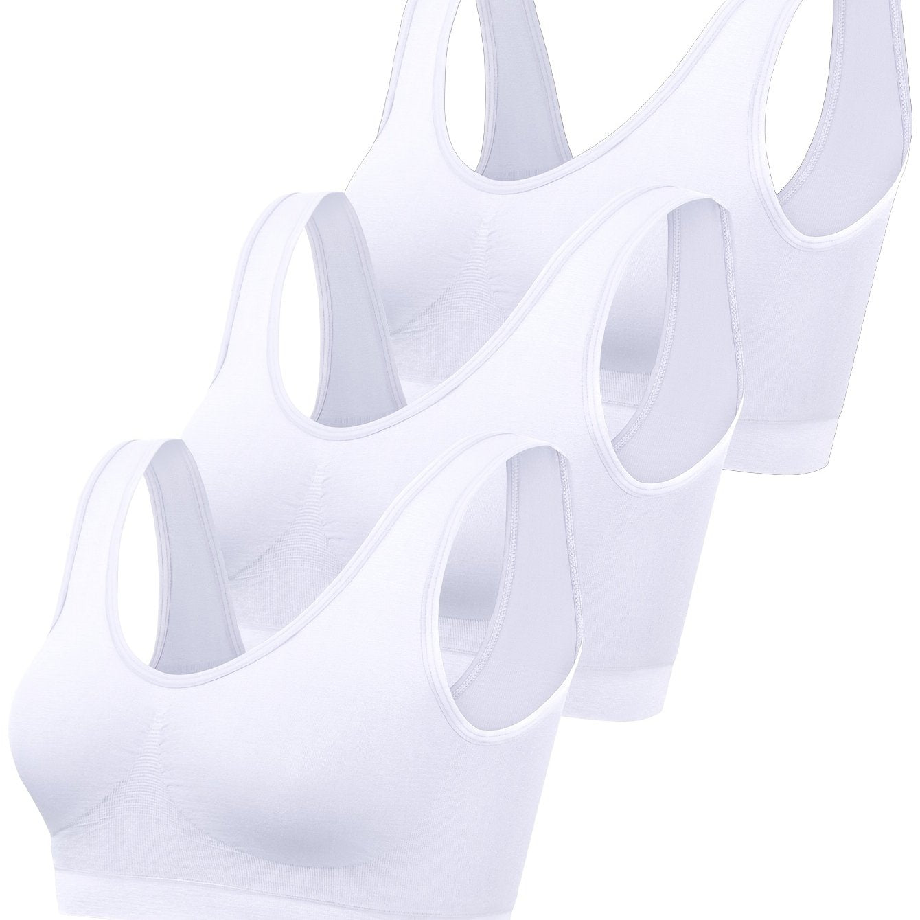 Women's Seamless Sports Bras 3-Pack Black White Beige Ribbed Nylon Tank Top Style No Padding