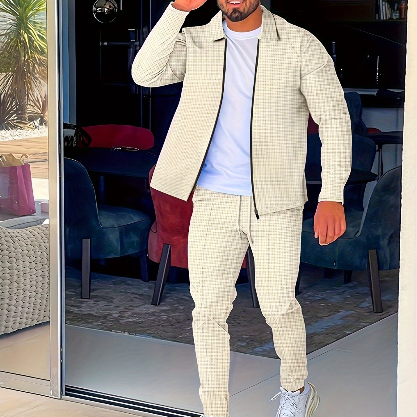 Men's Casual Polyester Sports Jacket with Full Zip and Drawstring Pants