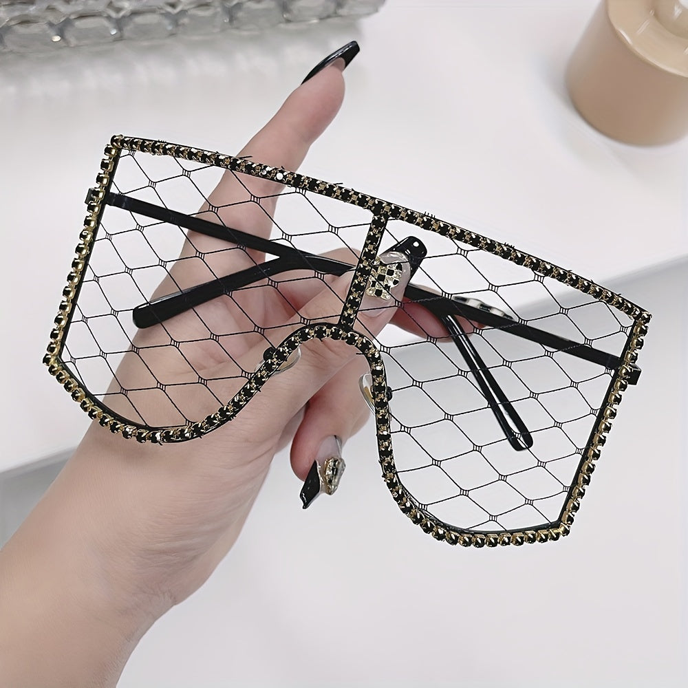 Women's Fashion Shield Glasses with Mesh and Rhinestones for Party and Prom