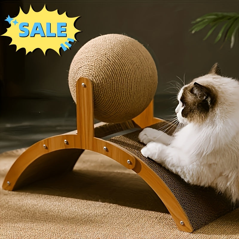 Wooden Cat Scratcher with Sisal Surface and Interactive Ball Toy