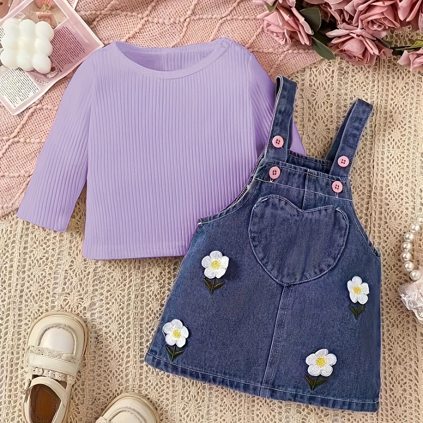 Girls Denim Dress Set with Embroidered Flowers and Long Sleeve Top for Infants