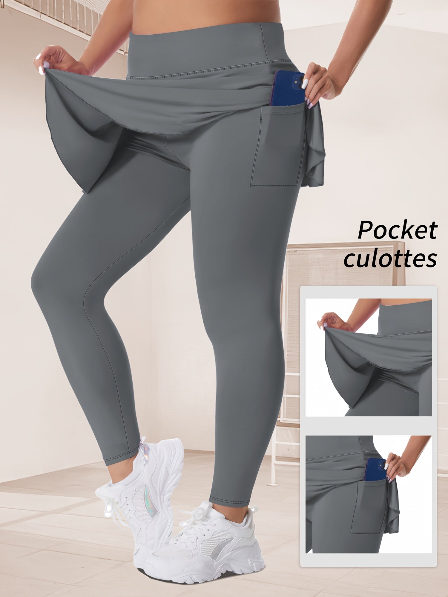 Women's Plus Size Solid High Rise Running Yoga Leggings with Pockets