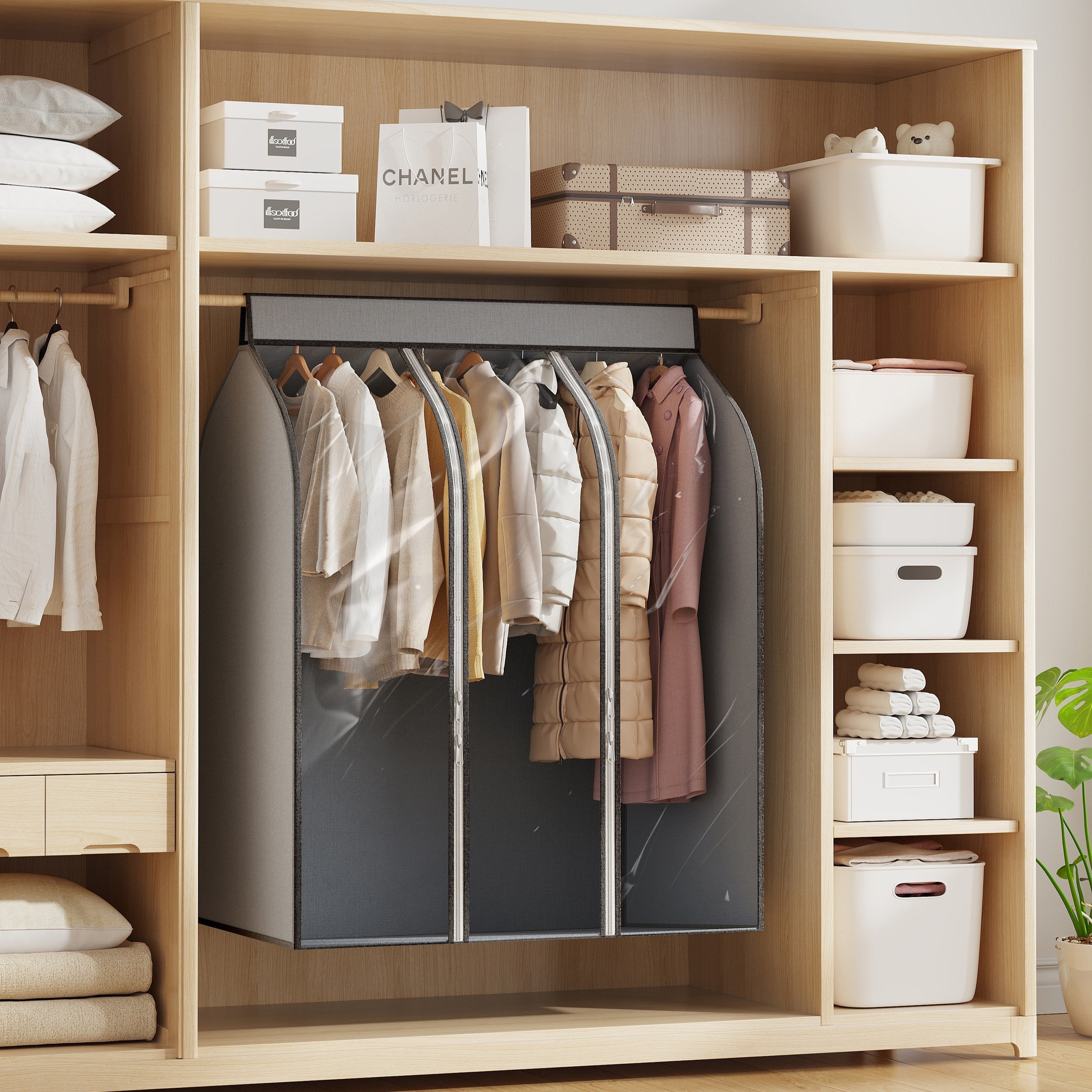 Yopishqoq polietilen kiyim saqlash sumkasi, zippersi bilan, shkafdagi kiyimlarni himoya qilish uchun