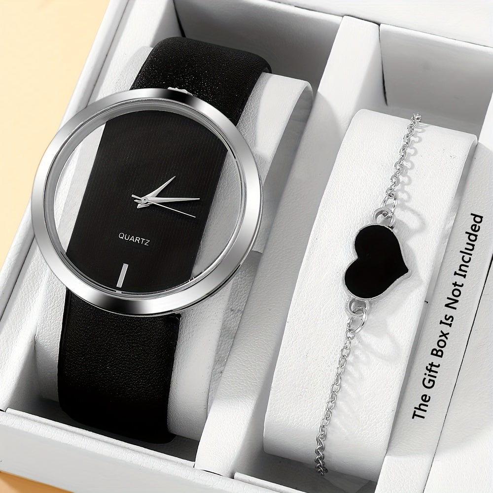 2 ta ayollar modasi soatlari to'plami, bo'sh dizayni bilan, kvarts mexanizmi, PU charm bilan yurak bilagti