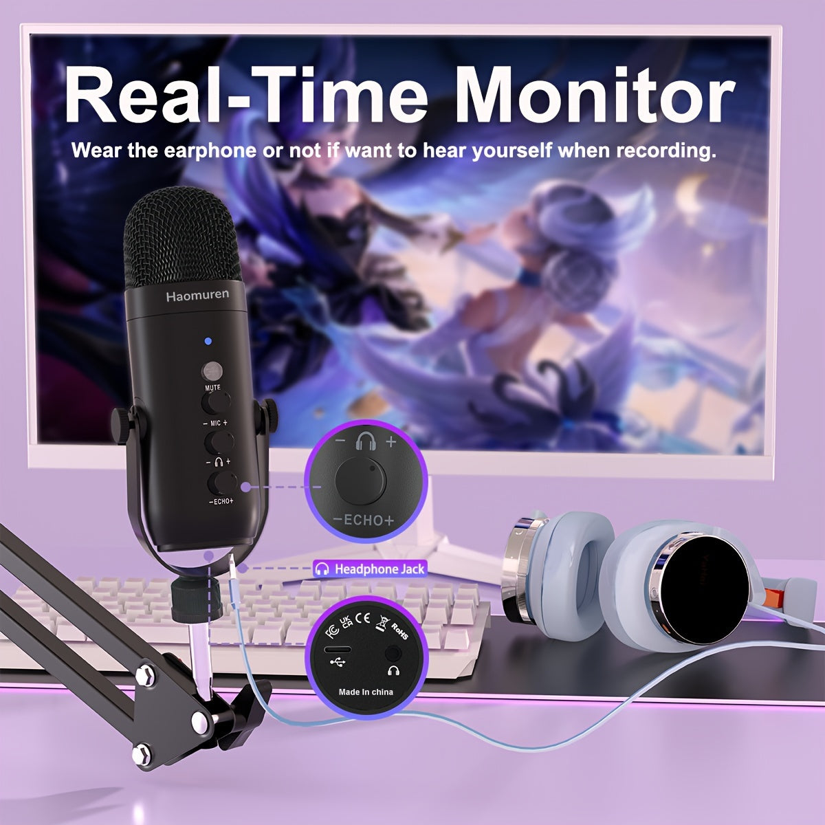 Kit de micrófono para juegos USB con brazo de soporte micrófono supercardioide botón de silencio eco volumen